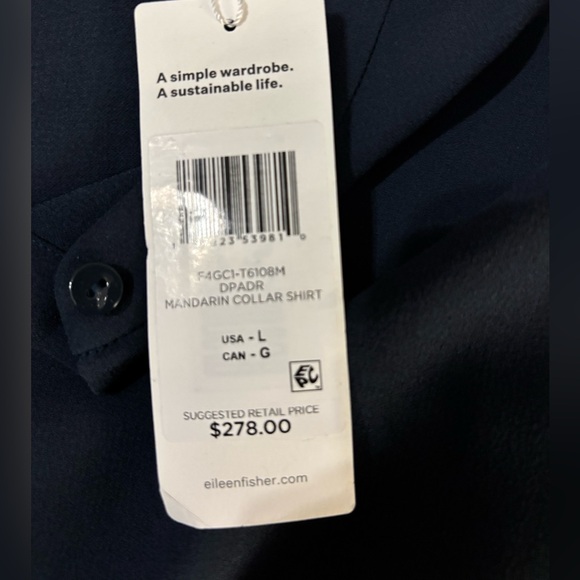 Eileen Fisher Mandarin Collar Silk Shirt in Dark Navy Size L. NWT - Picture 9 of 12